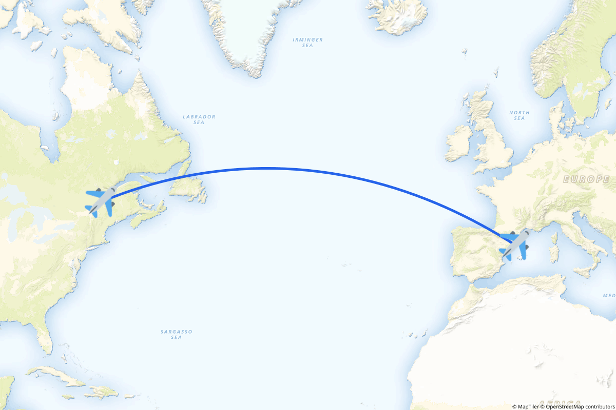 Map of the Quebec to Barcelona route