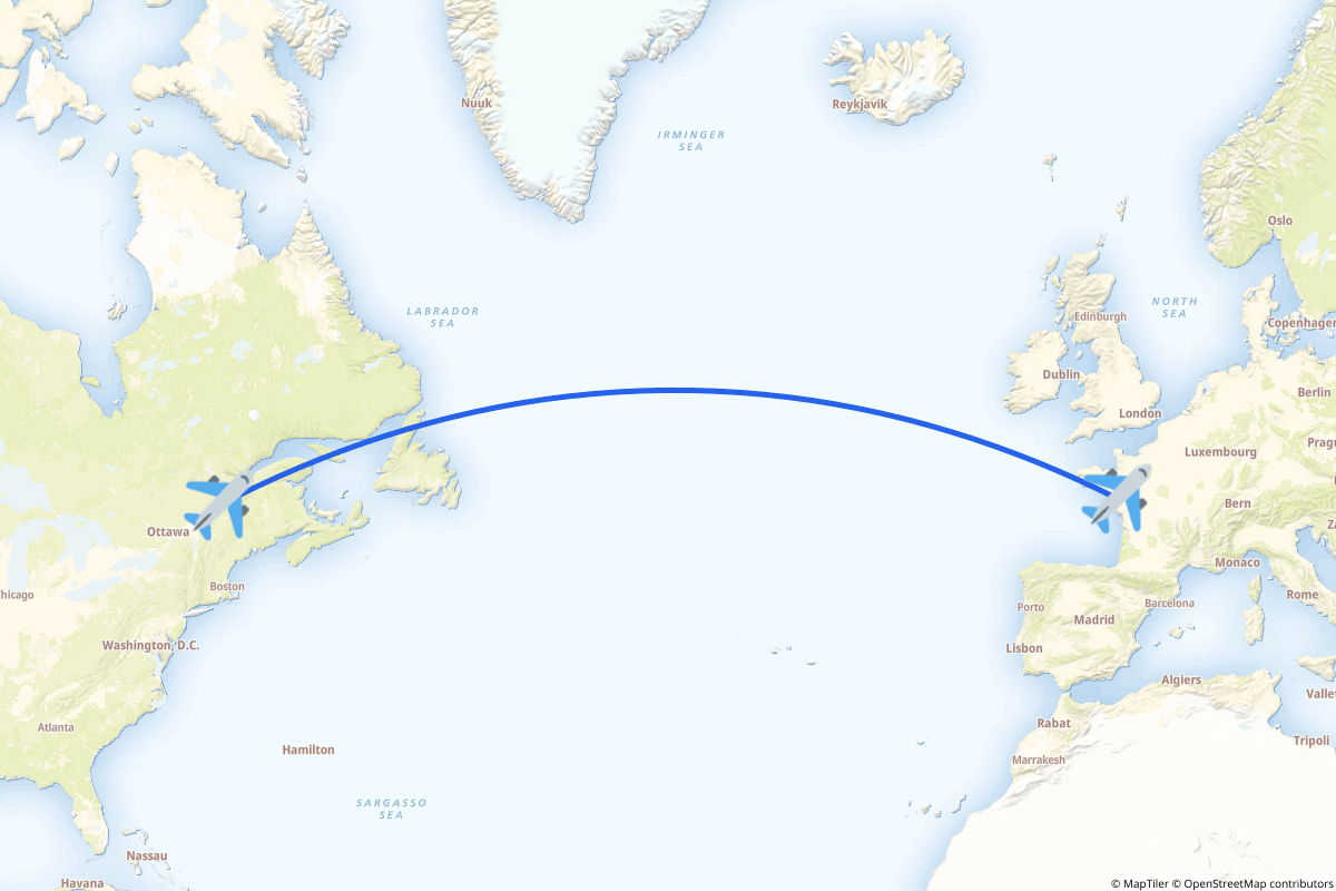 Map of the Quebec to Nantes route