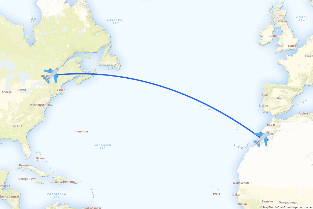 Map of the Montréal to Agadir (Temsia) route