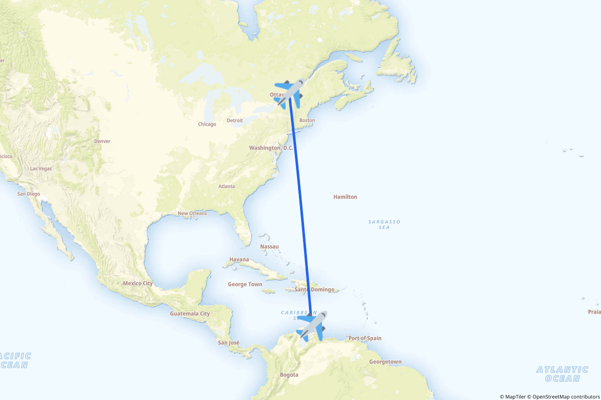 Map of the Montréal to Oranjestad route