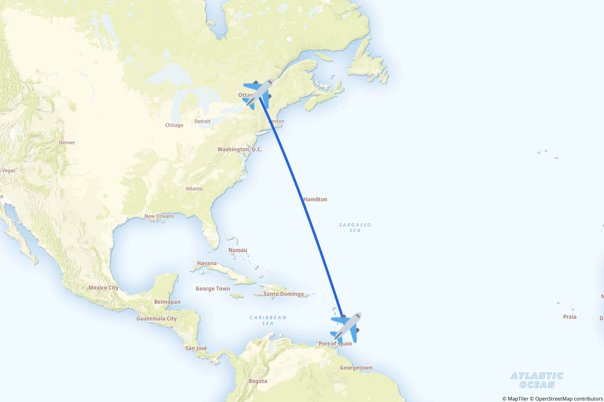 Map of the Montréal to Bridgetown route