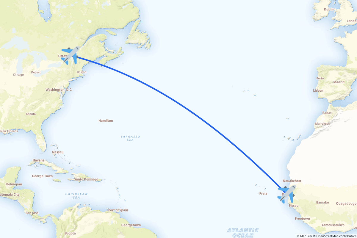 Map of the Montréal to Dakar route