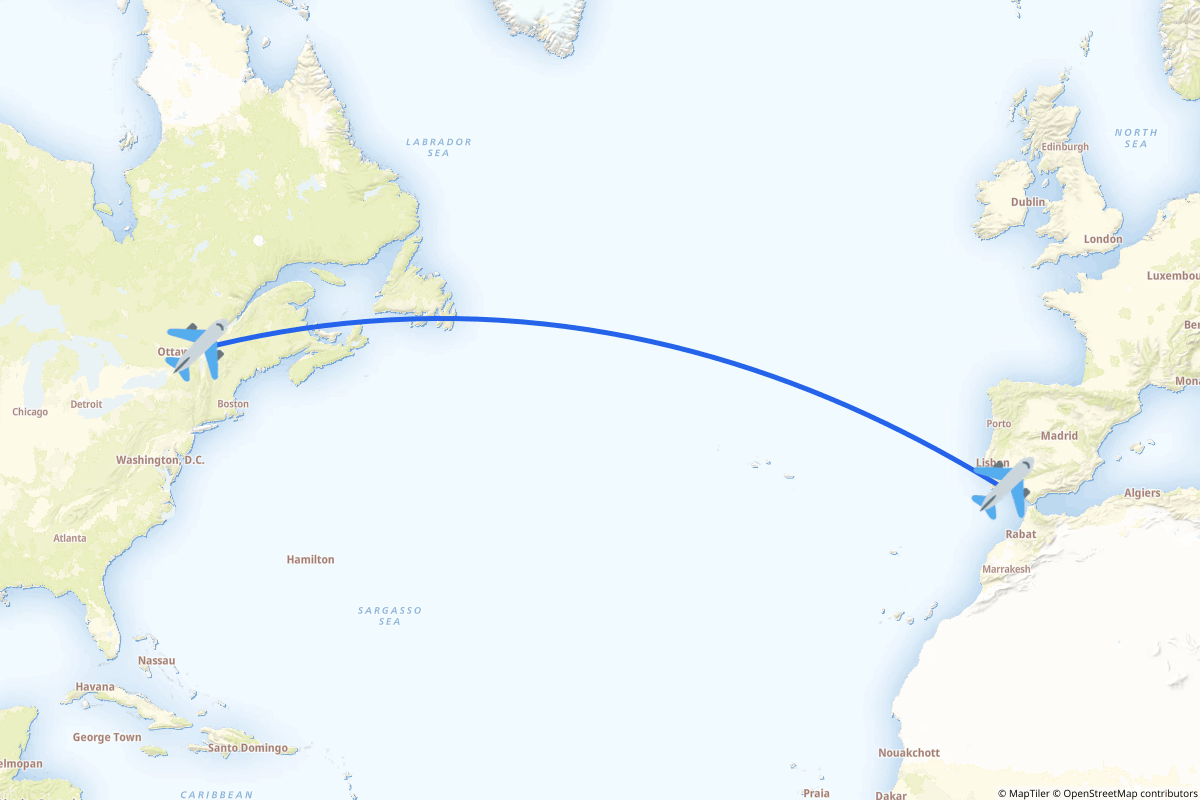 Map of the Montréal to Faro route