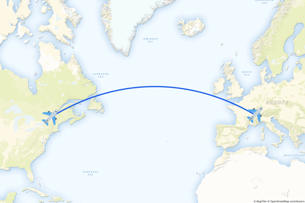 Map of the Montréal to Geneva route