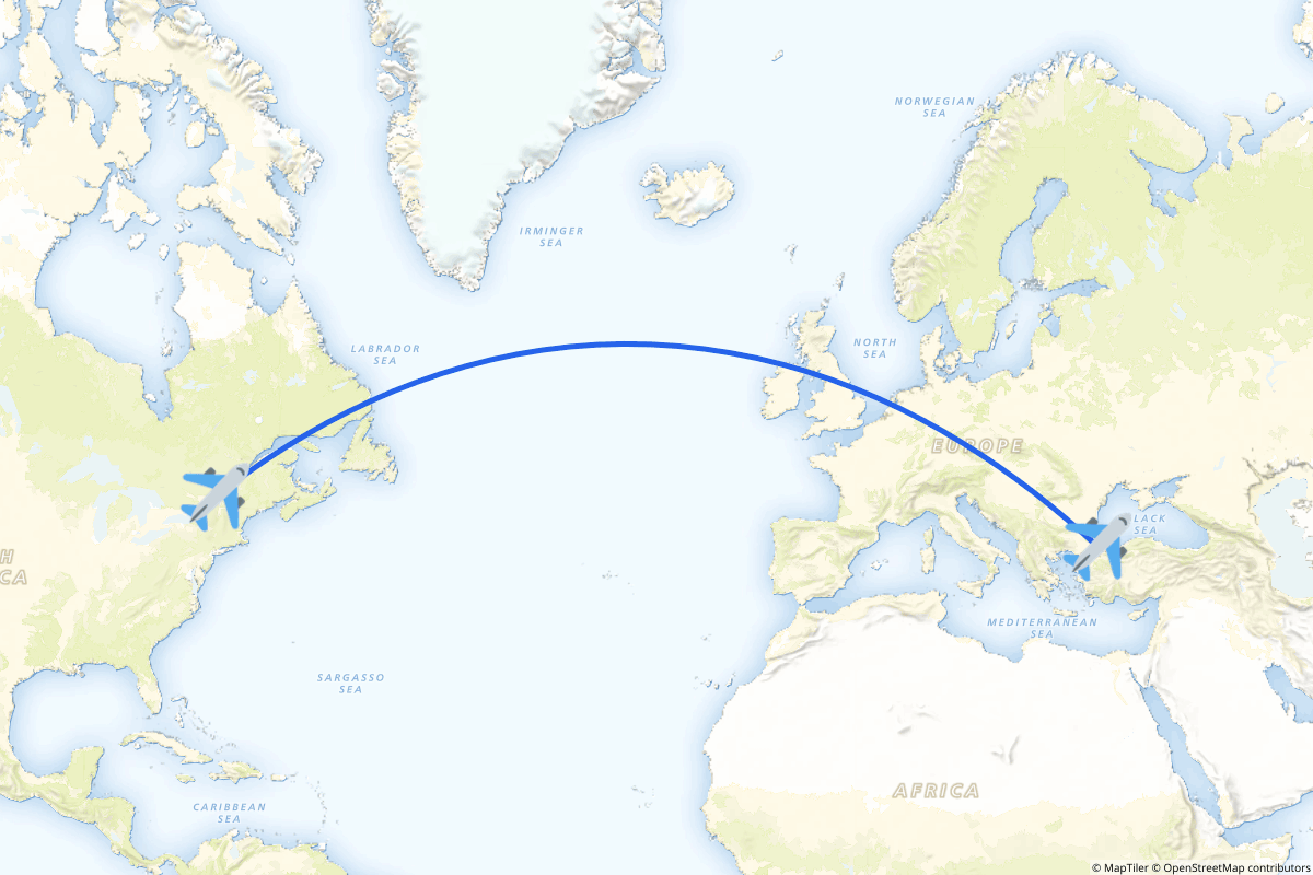 Map of the Montréal to Arnavutköy, Istanbul route
