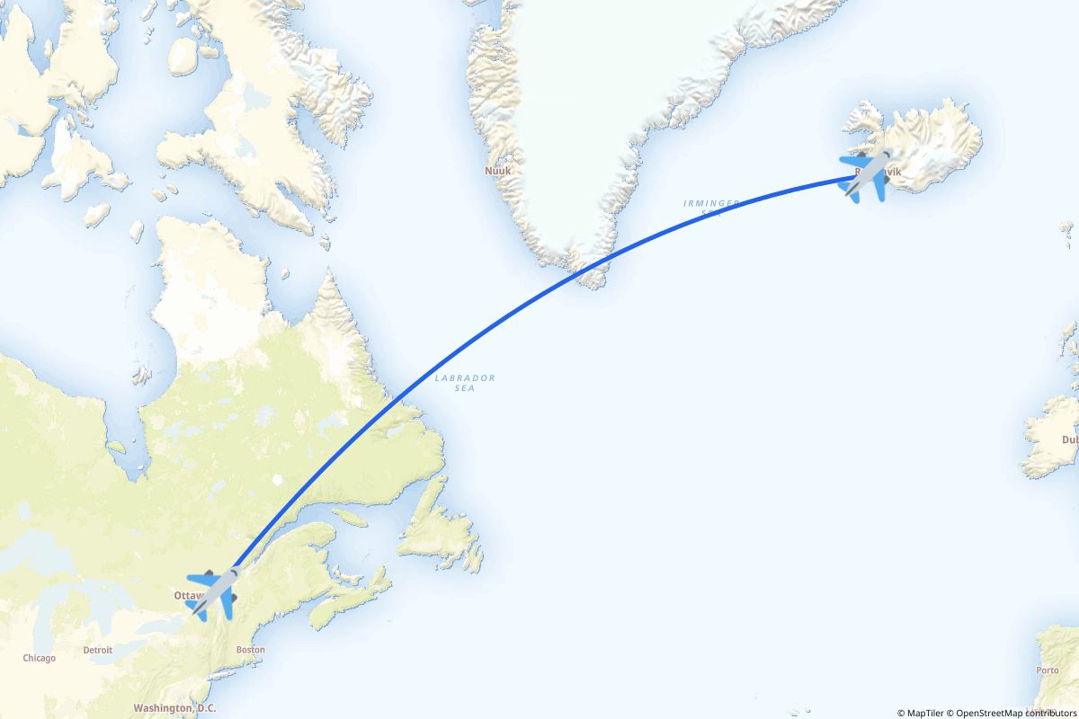Map of the Montréal to Reykjavík route