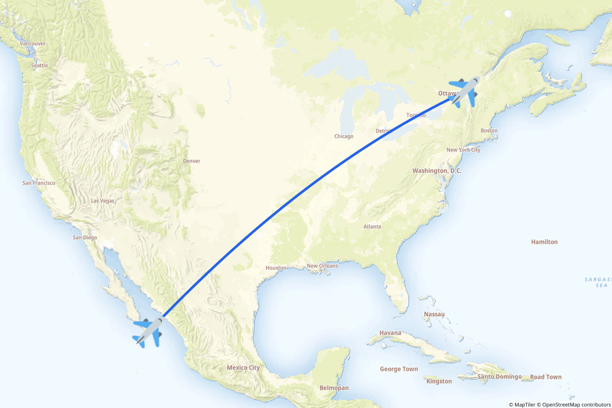 Map of the Montréal to San José del Cabo route