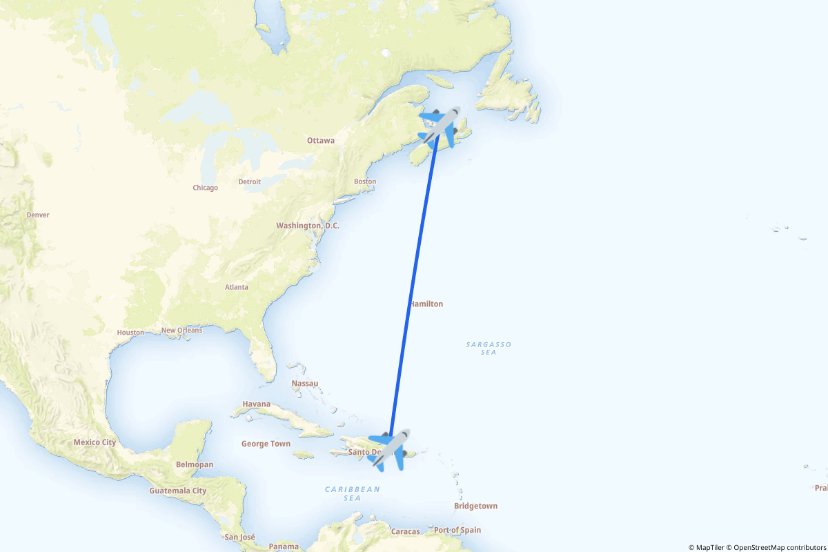 Map of the Charlottetown to Punta Cana route
