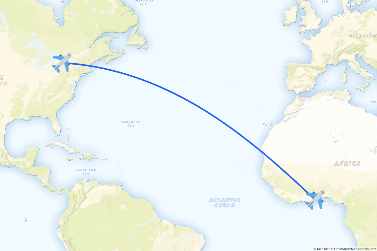 Map of the Toronto to Accra route