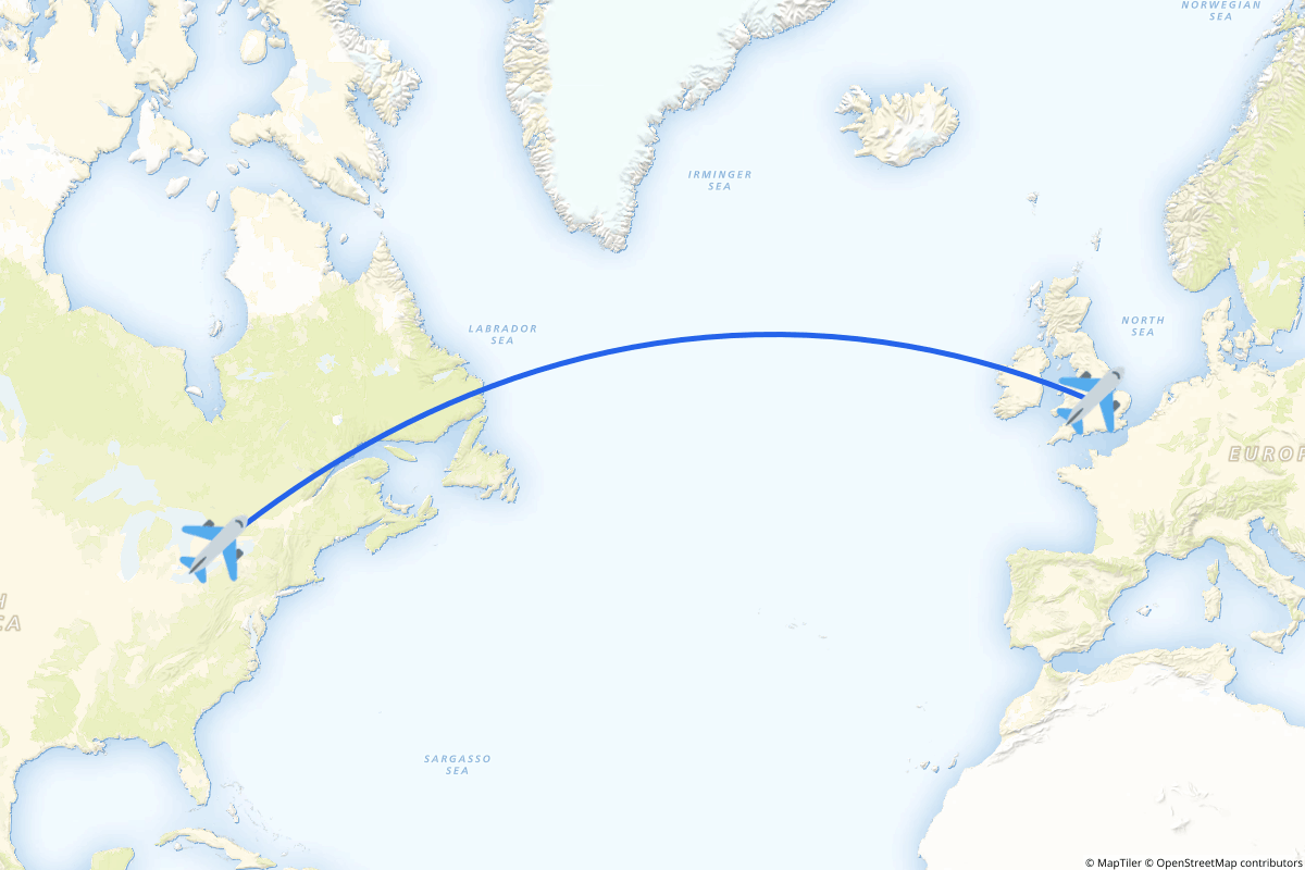 Map of the Toronto to Birmingham, West Midlands route