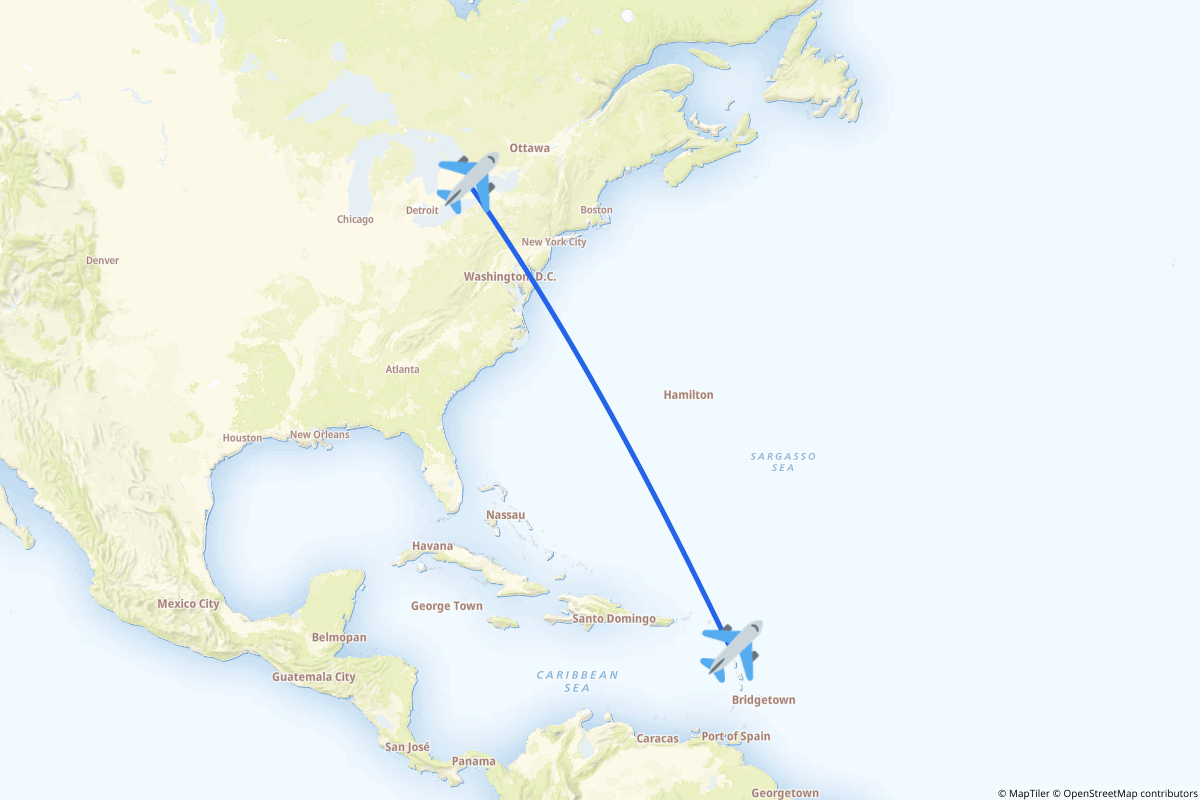 Map of the Toronto to Pointe-à-Pitre route