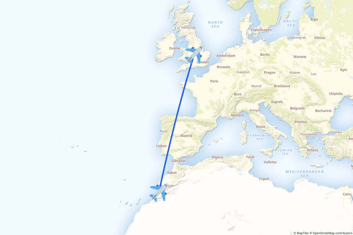 Map of the Birmingham, West Midlands to Agadir (Temsia) route