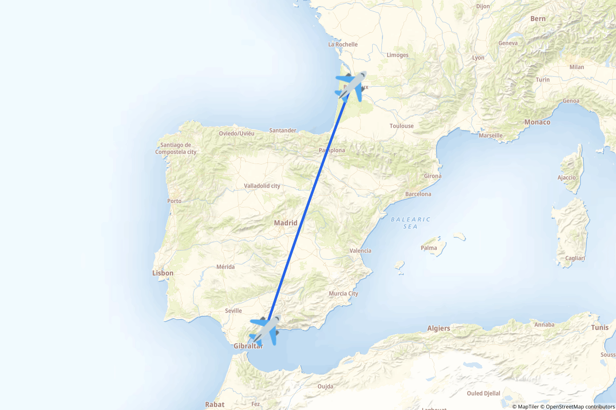 Map of the Bordeaux to Málaga route