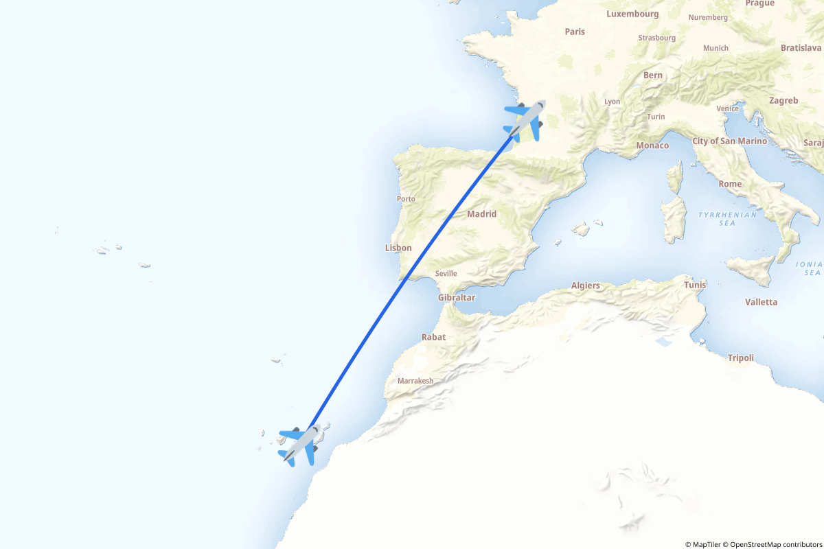 Map of the Bordeaux to Gran Canaria Island route