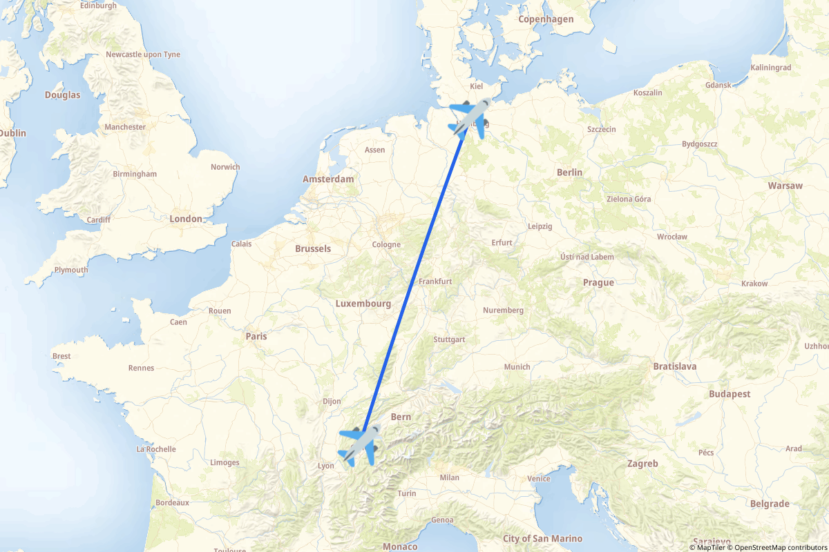 Map of the Hamburg to Geneva route