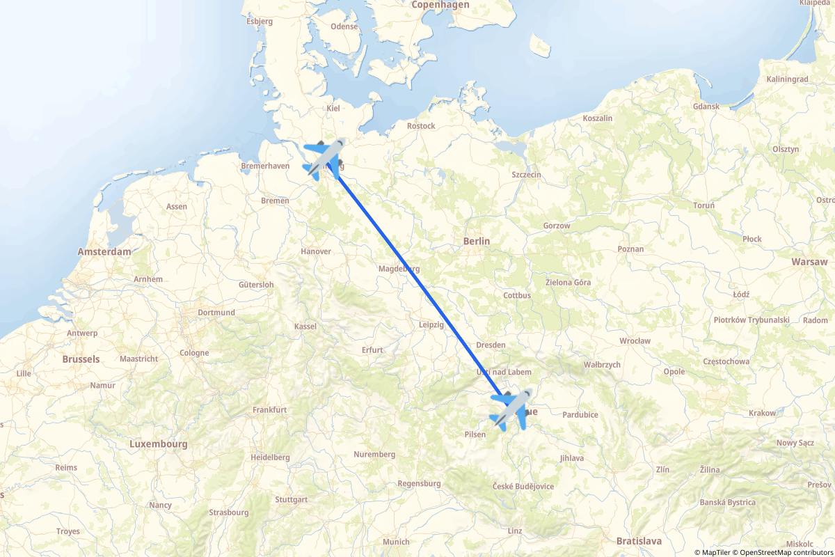 Map of the Hamburg to Prague route