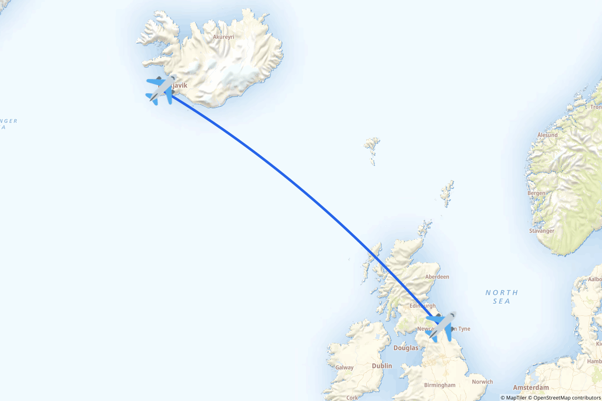 Map of the Newcastle upon Tyne, Tyne and Wear to Reykjavík route
