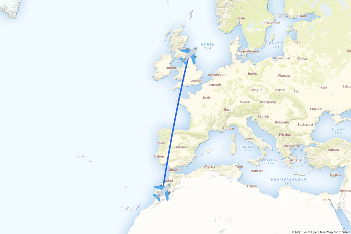Map of the Newcastle upon Tyne, Tyne and Wear to Marrakech route