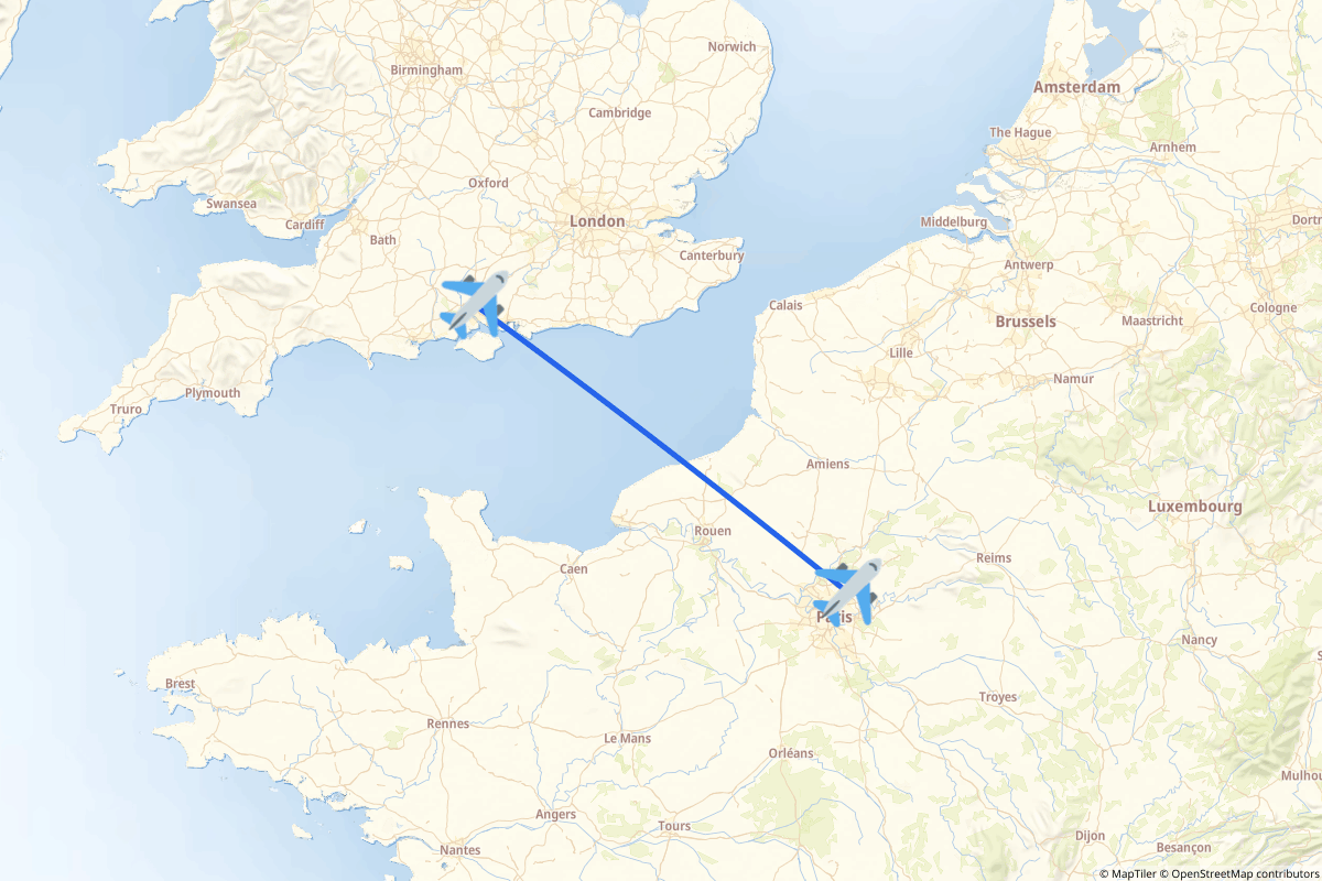 Map of the Southampton to Paris (Roissy-en-France, Val-d'Oise) route