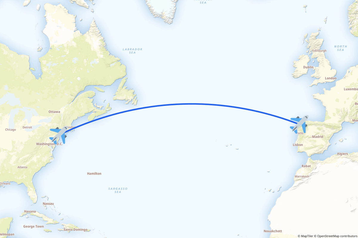 Map of the Newark to Santiago de Compostela route