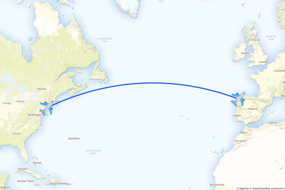 Map of the New York to Santiago de Compostela route