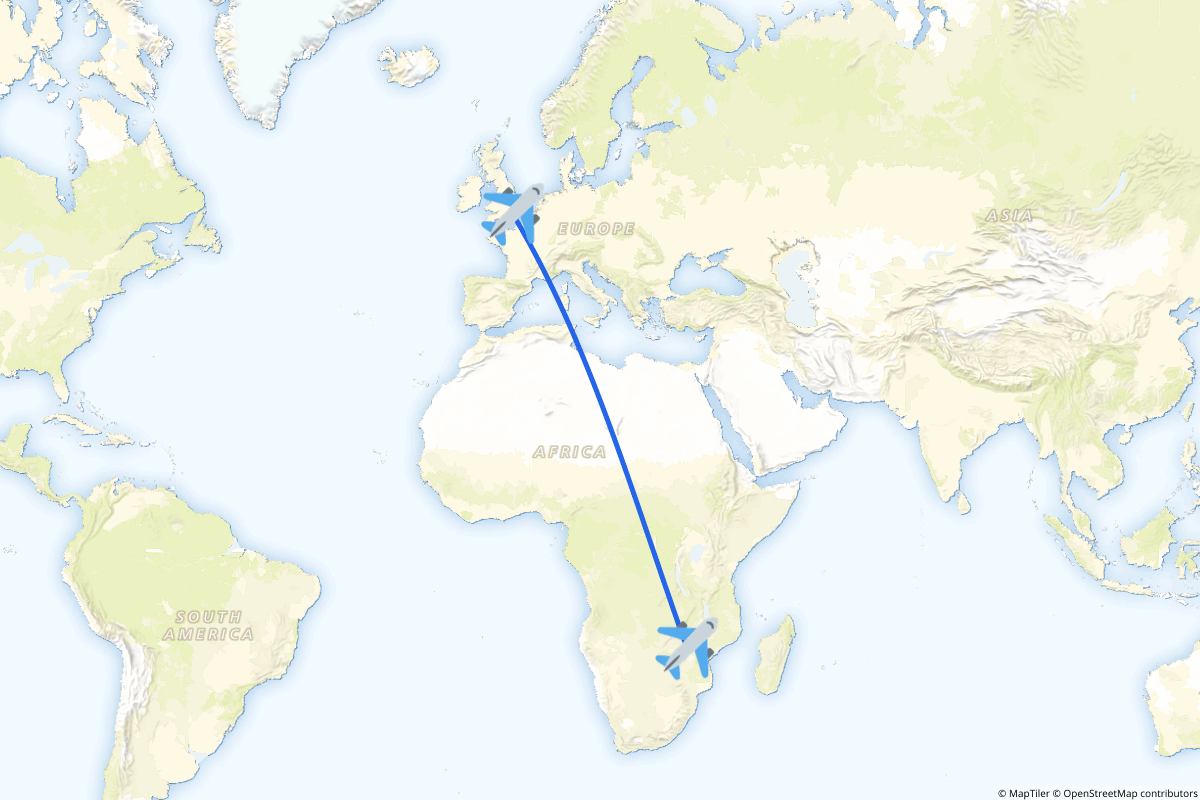 Map of the Harare to London route