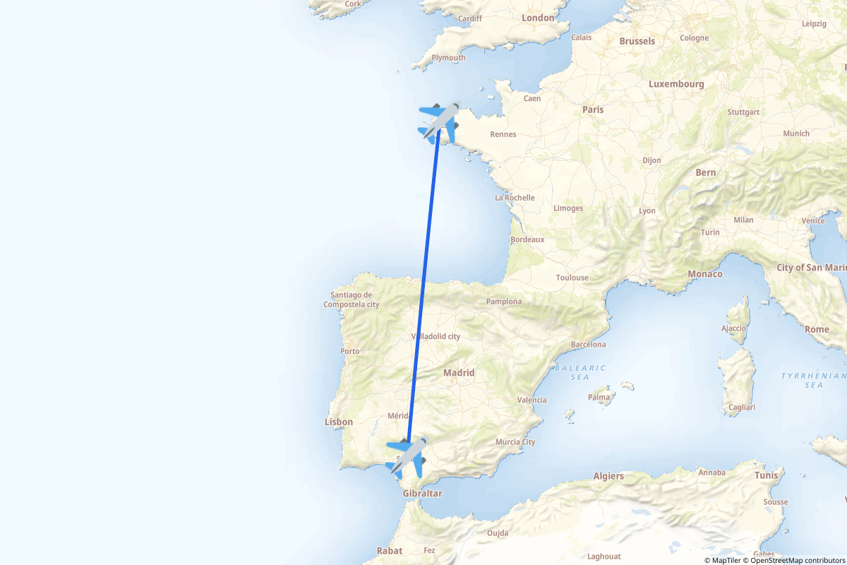 Map of the Brest to Sevilla route