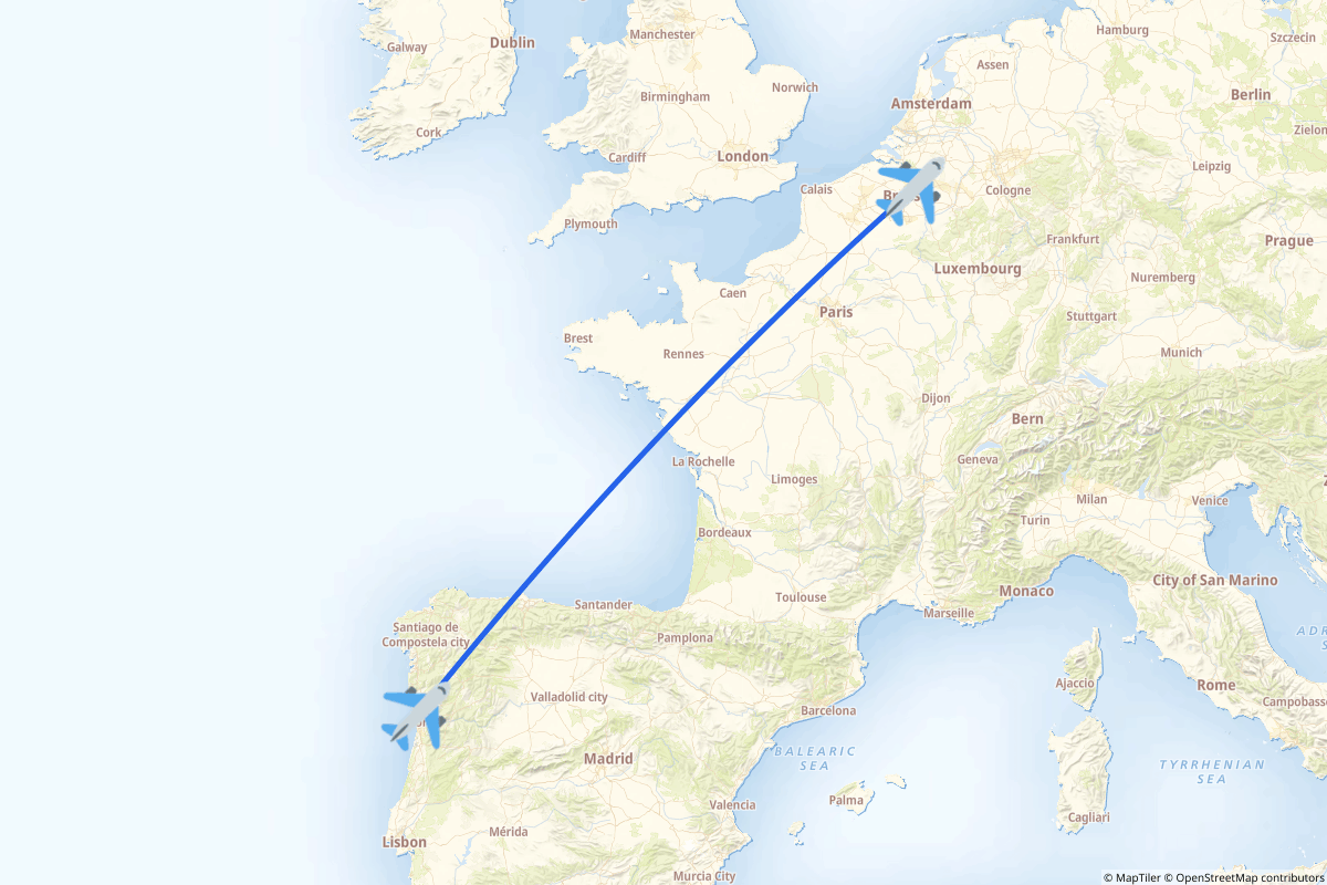 Map of the Zaventem to Porto route