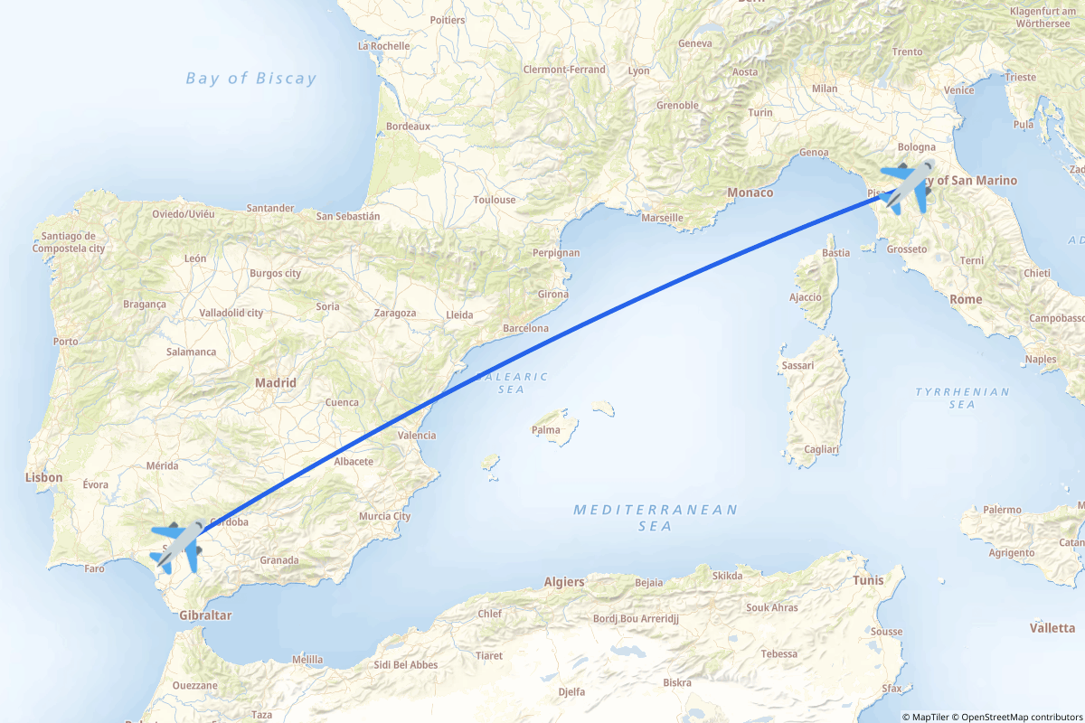Map of the Sevilla to Firenze route