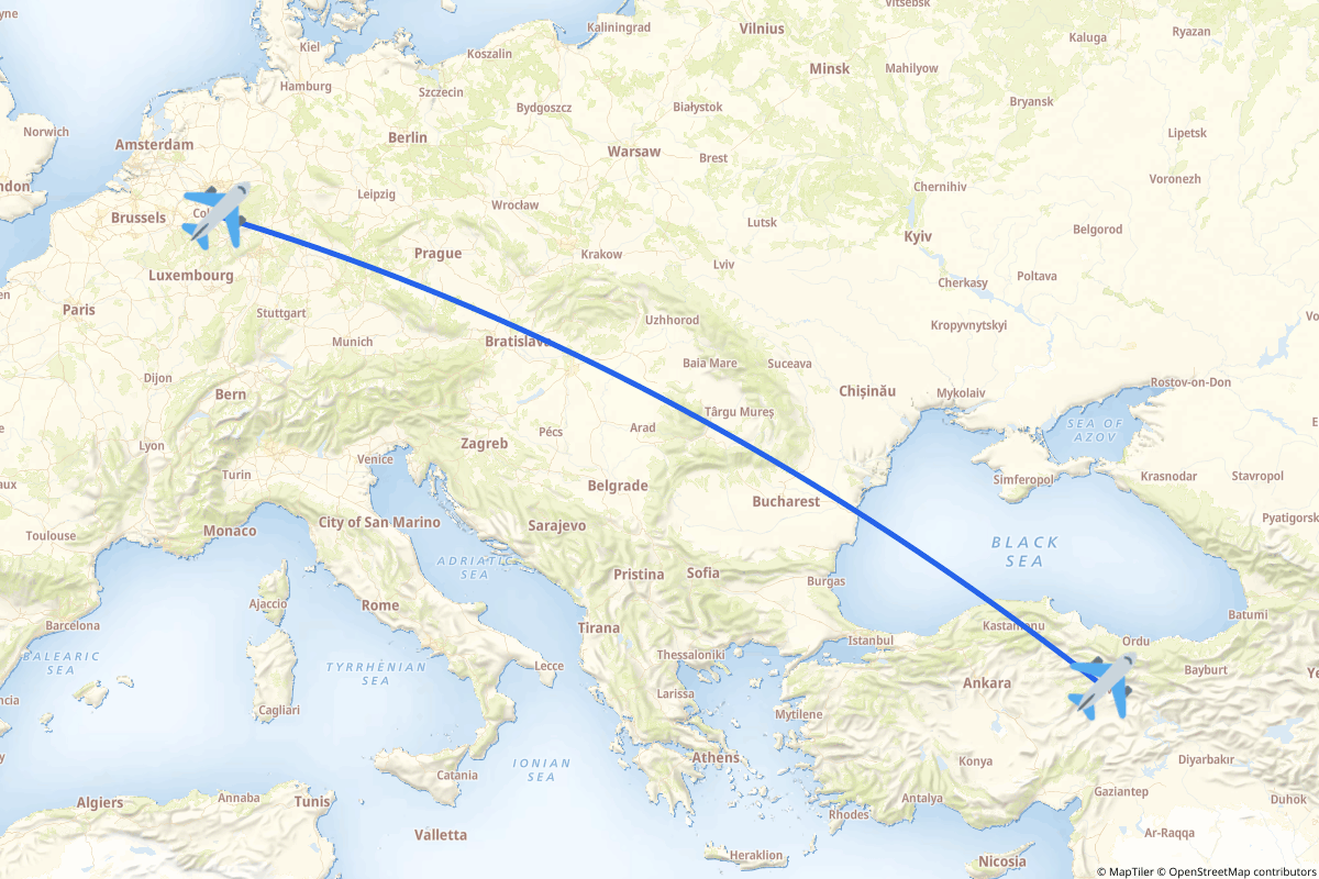 Map of the Sivas to Köln (Cologne) route