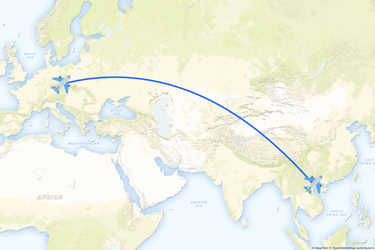 Map of the Hanoi (Soc Son) to Prague route