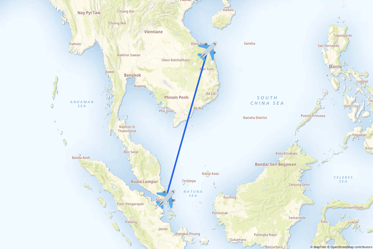 Map of the Da Nang to Singapore route
