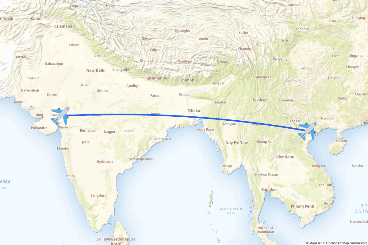 Map of the Hanoi (Soc Son) to Ahmedabad route