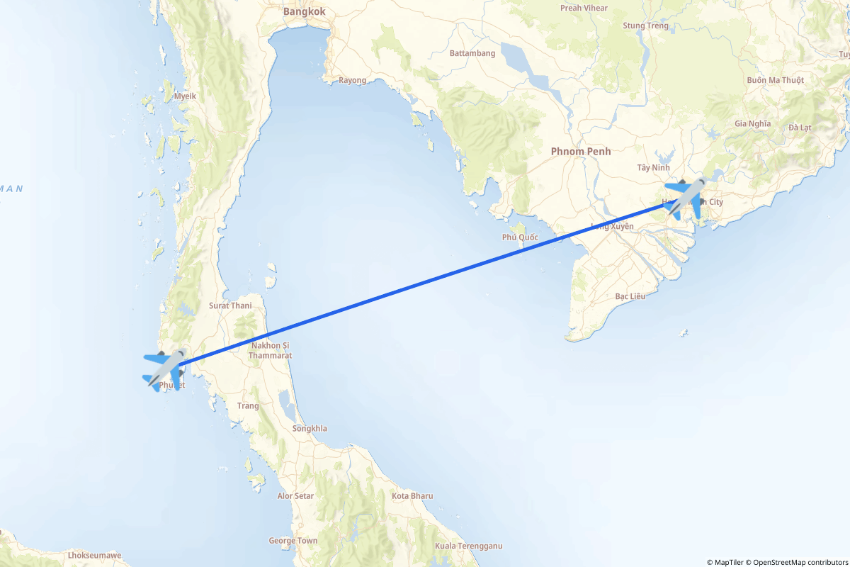 Map of the Ho Chi Minh City to Phuket route