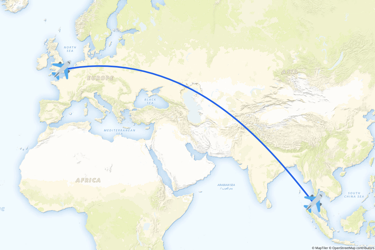 Map of the London to Phuket route