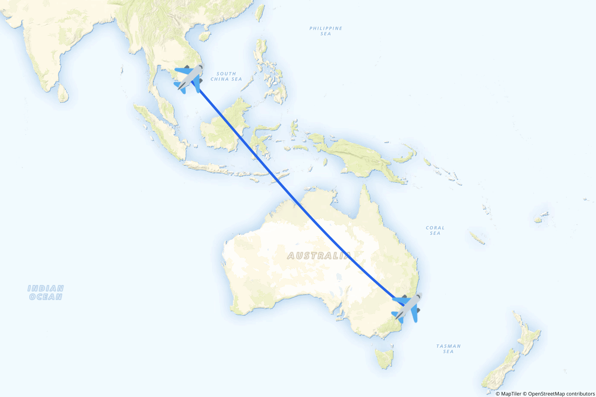 Map of the Ho Chi Minh City to Sydney (Mascot) route