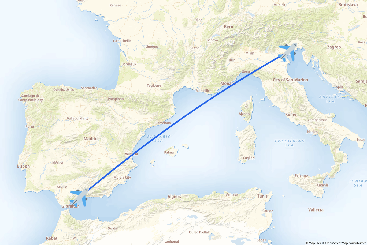 Map of the Málaga to Venezia route