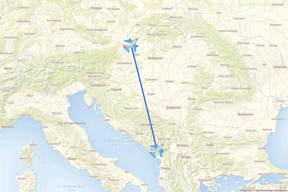 Map of the Bratislava to Podgorica route