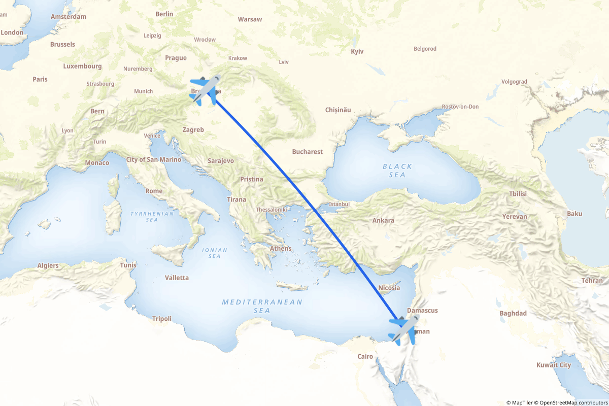 Map of the Bratislava to Tel Aviv route