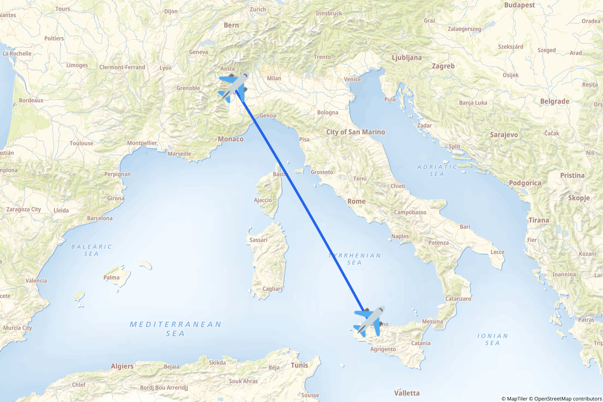 Map of the Palermo to Caselle Torinese route