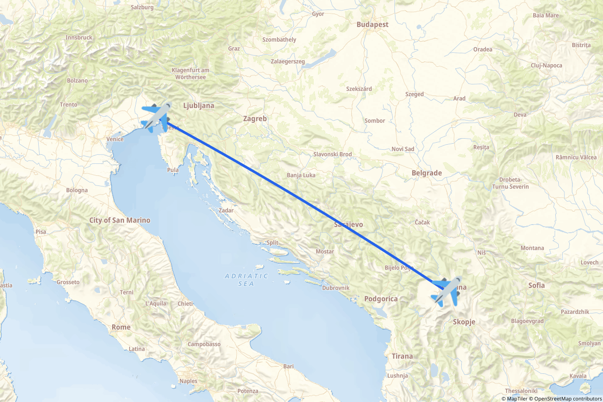 Map of the Prishtina to Ronchi dei Legionari route