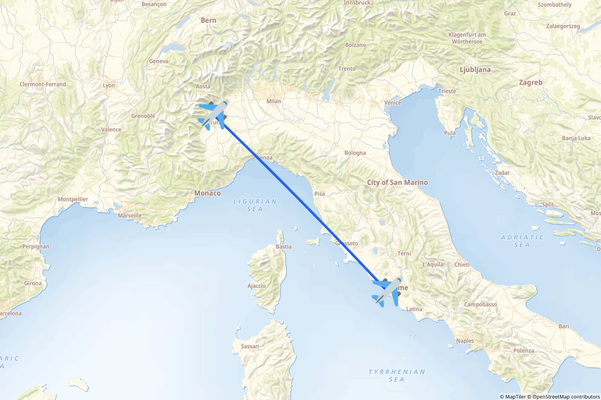 Map of the Caselle Torinese to Rome route