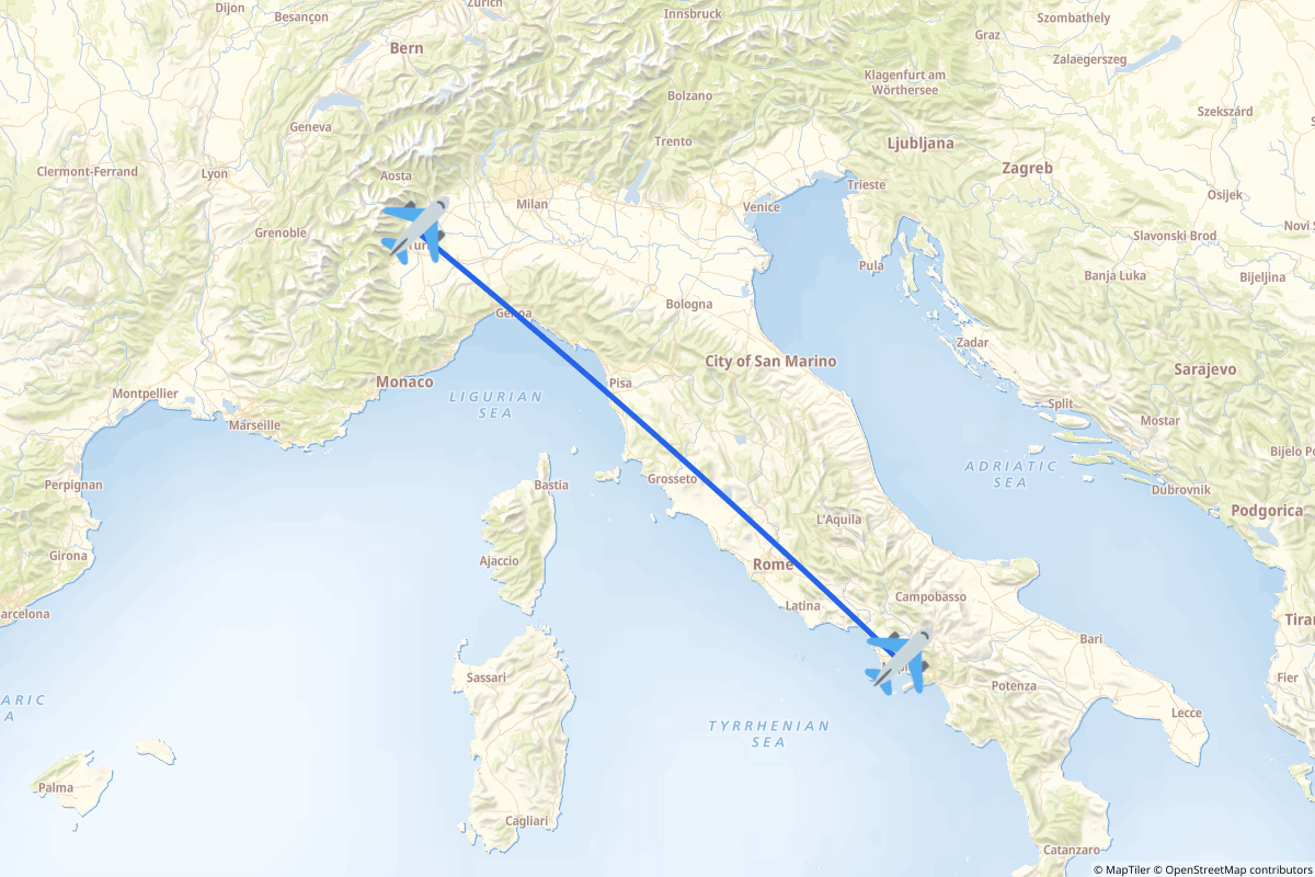 Map of the Caselle Torinese to Napoli route