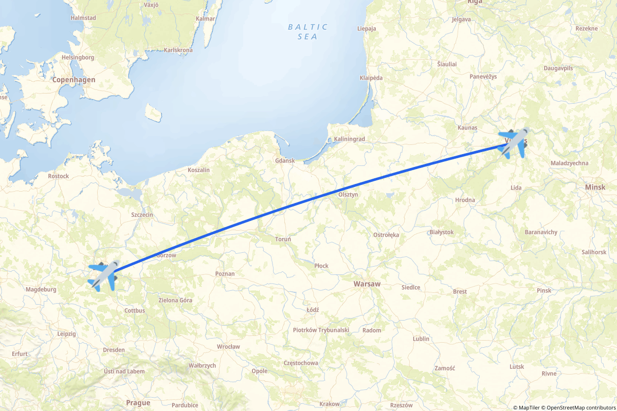 Map of the Vilnius to Berlin route