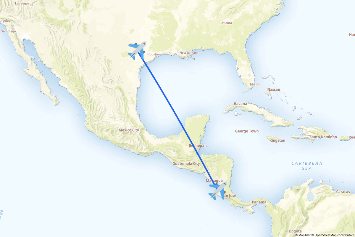 Map of the Austin to Liberia route