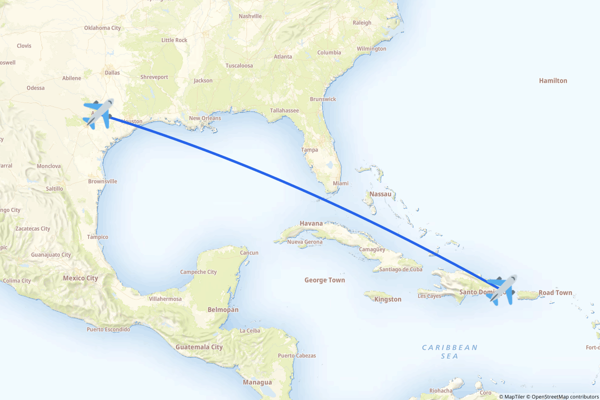 Map of the Austin to Punta Cana route