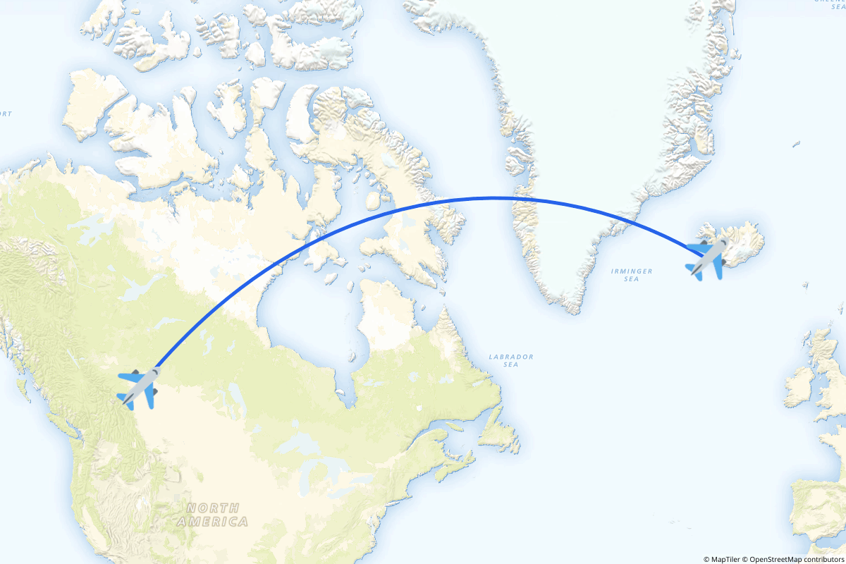 Map of the Edmonton to Reykjavík route