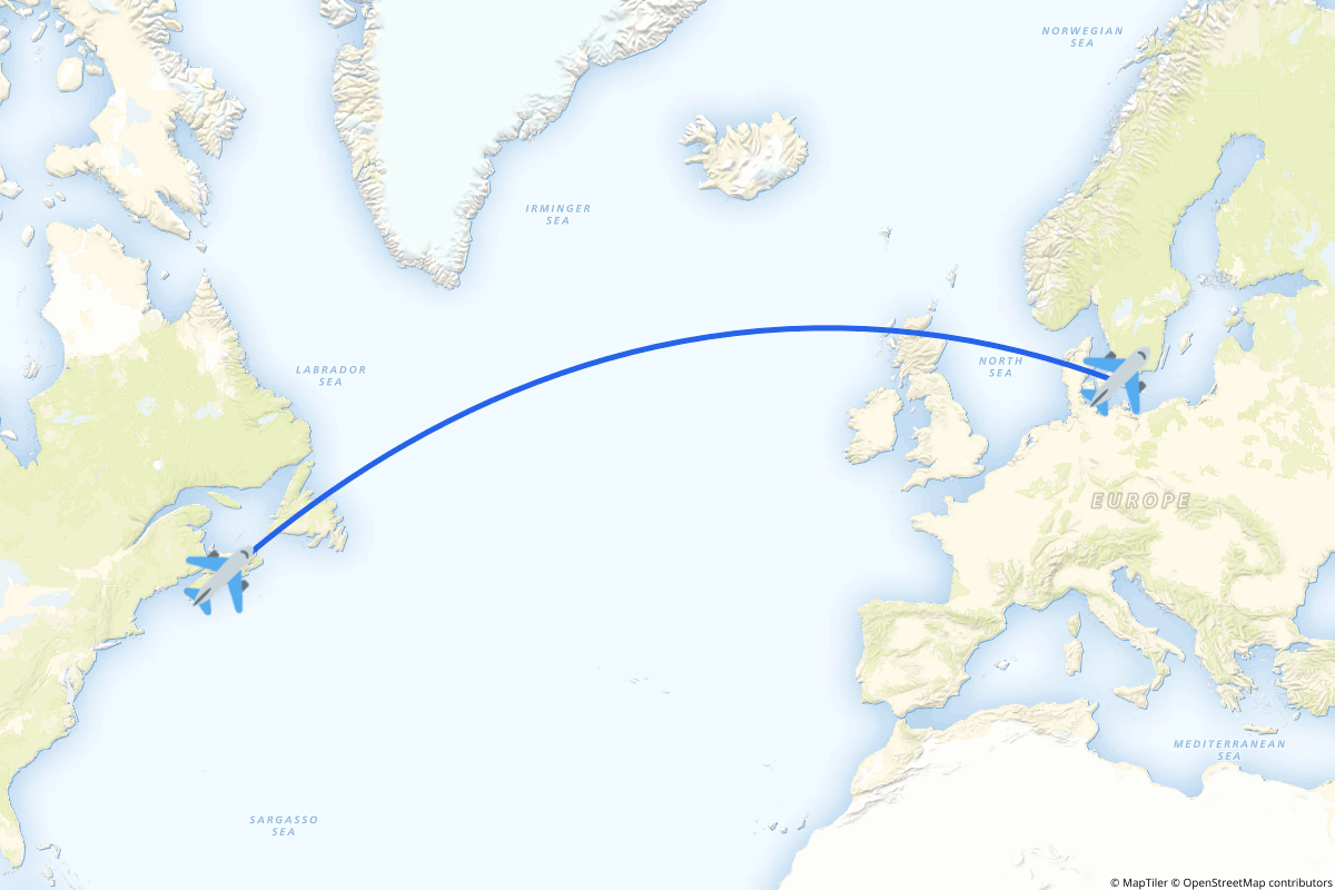 Map of the Halifax to Copenhagen route