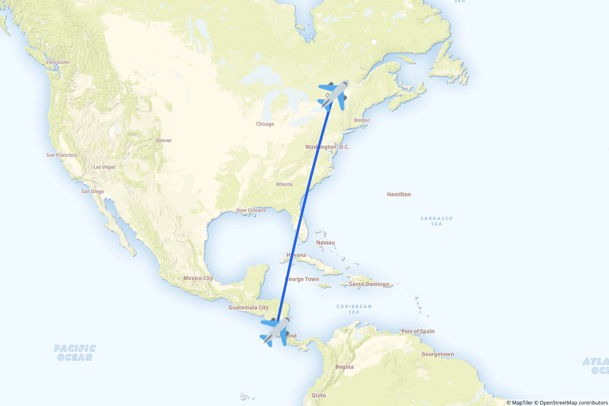 Map of the Ottawa to Liberia route