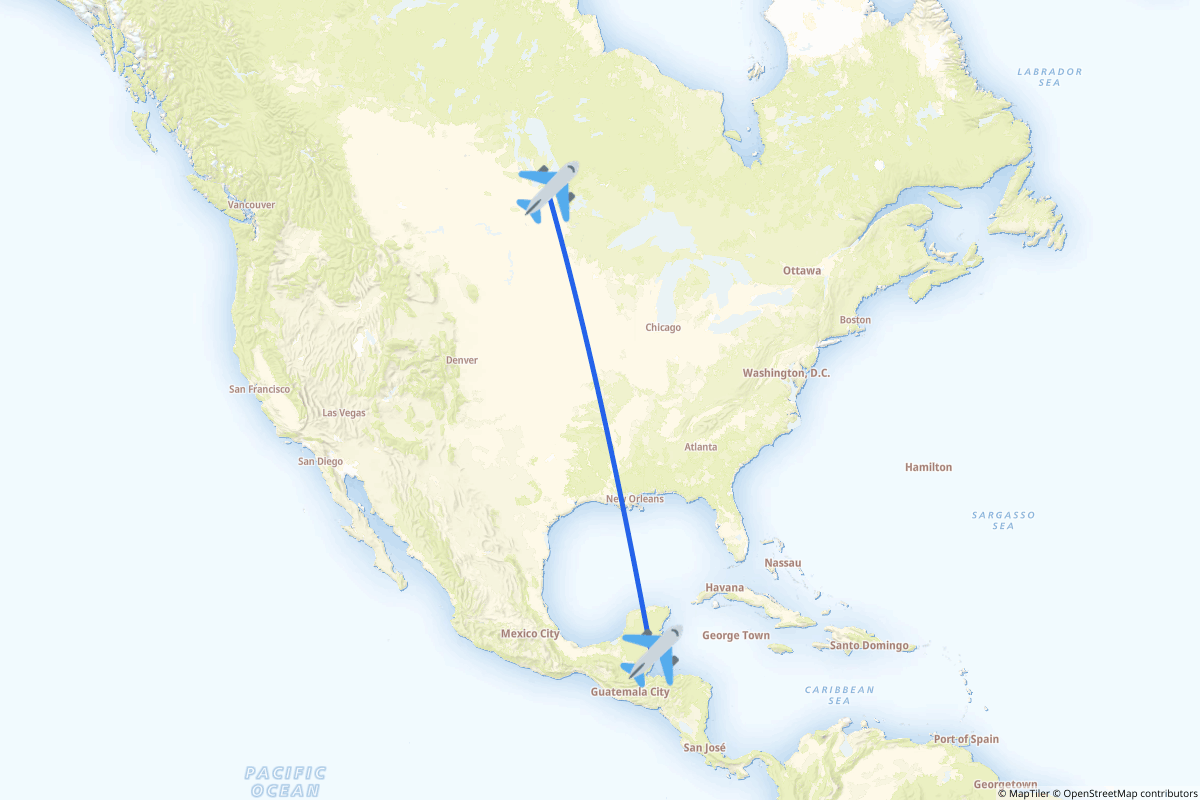 Map of the Winnipeg to Belize City route
